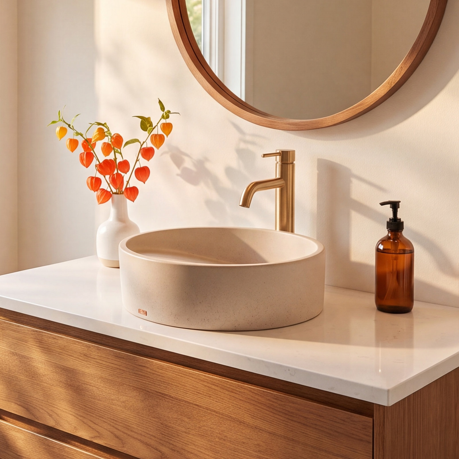 Dal Round Concrete Vessel Sink, Linen Beige