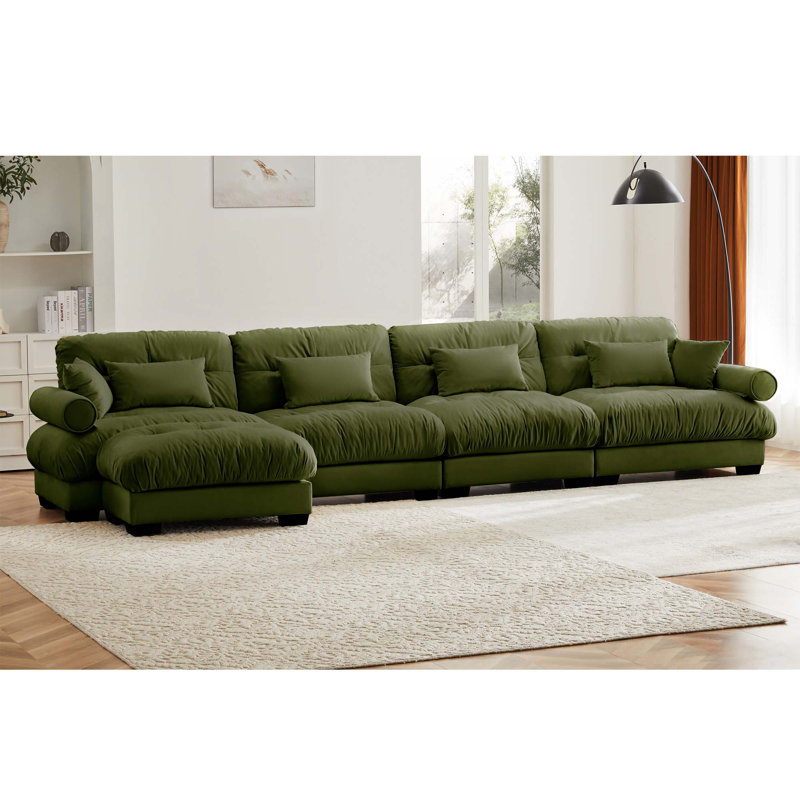 Canapé modulaire en L à 4 places avec 1 repose-pieds et coussins amovibles, Velours vert olive