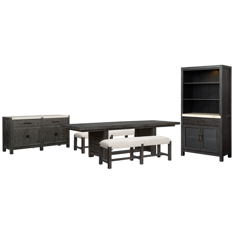 Rectangular Dining Table With 2 Benches Sideboard And Display Cabinet, 5 Pcs: Table, 2 Benches, Sideboard, Cabinet