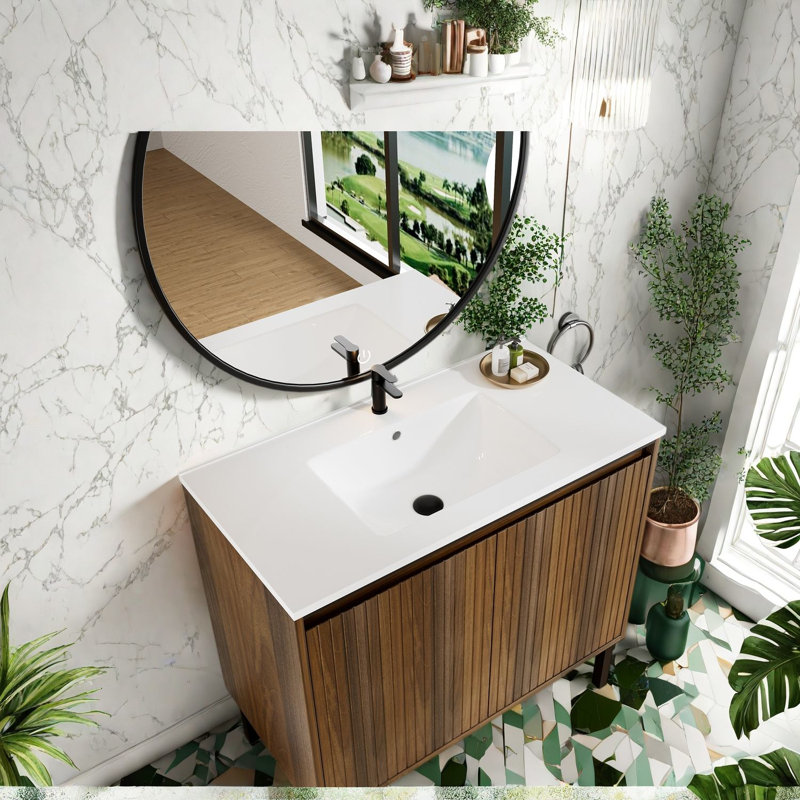 Meuble-lavabo moderne 36 po avec lavabo en MDF, finition chêne élégant pour la salle de bain