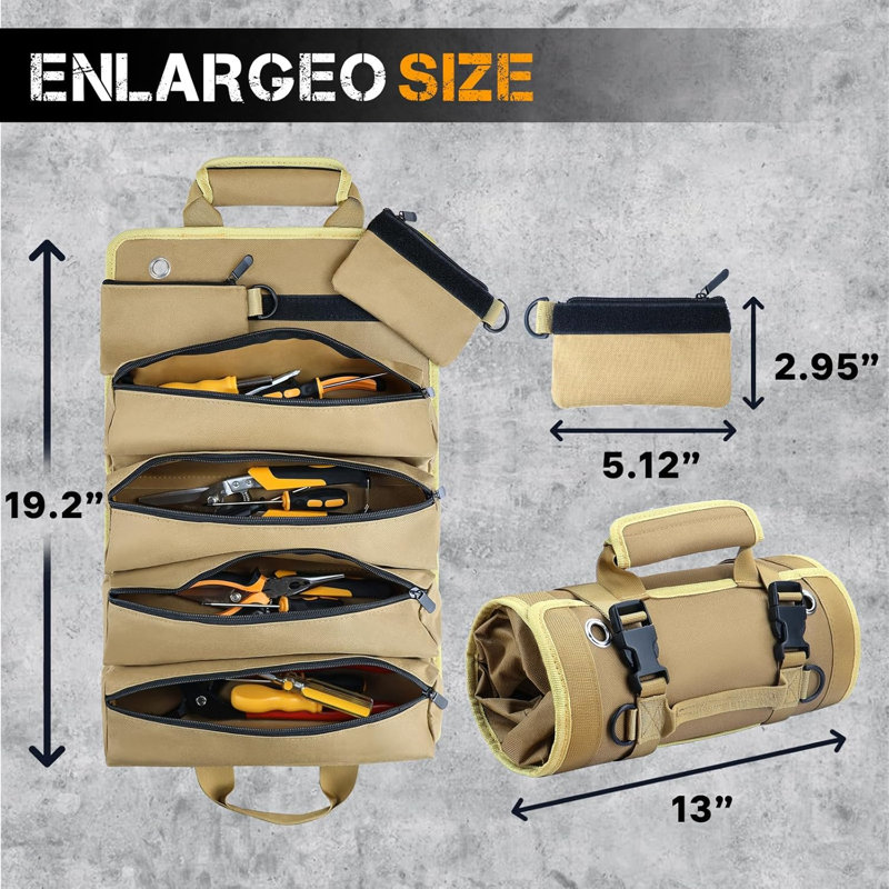 Sac à outils 1000D à enroulement en PVC enduit de PVC, organisateur de rouleau à outils de grande capacité avec pochettes détachables et bandoulière réglable