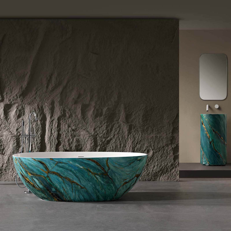 Baignoire de trempage à surface solide 65 "à texture turquoise avec intérieur blanc (fabriquée sur commande), Teal Mable