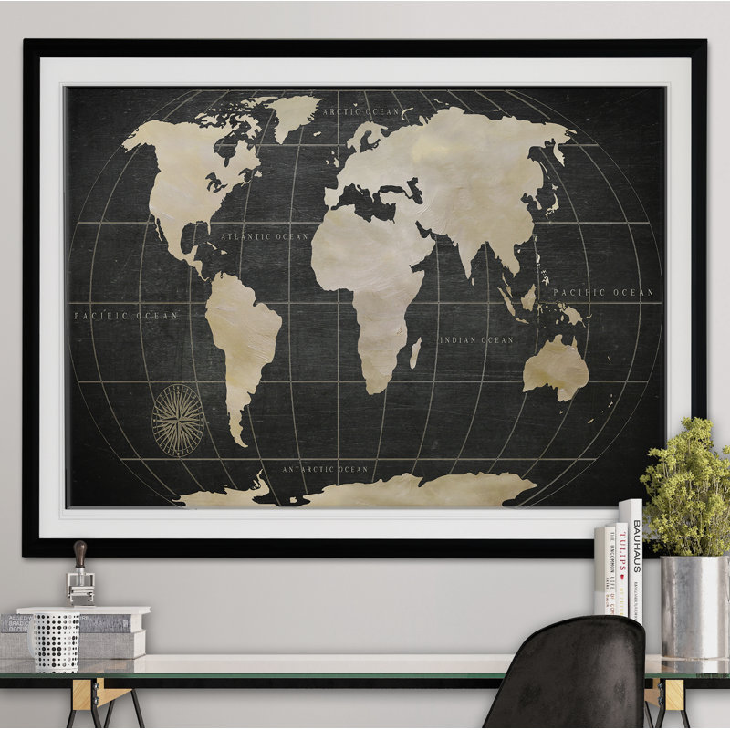 Carte du monde rétro - reproduction de cadre photo, Noir, H 30 po x l 40 po x P 1,5 po
