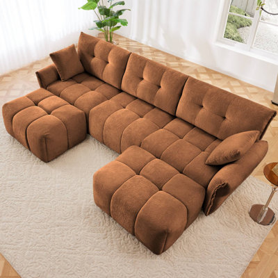 Canapé modulaire en chenille capitonné avec 2 repose-pieds et coussins Dengler