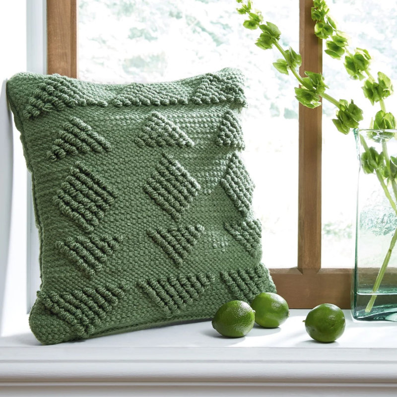 Green Handwoven Geometric 16" Square Indoor/Outdoor Pillow