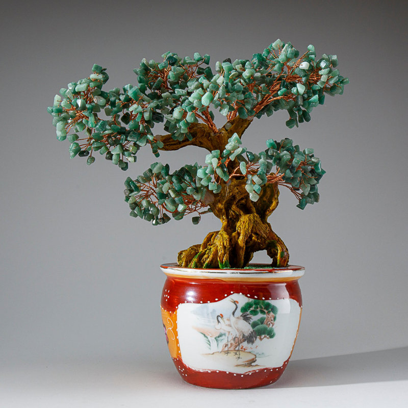 Genuine Green Aventurine Gemstone Bonsai Tree in Round Ceramic Pot (11")