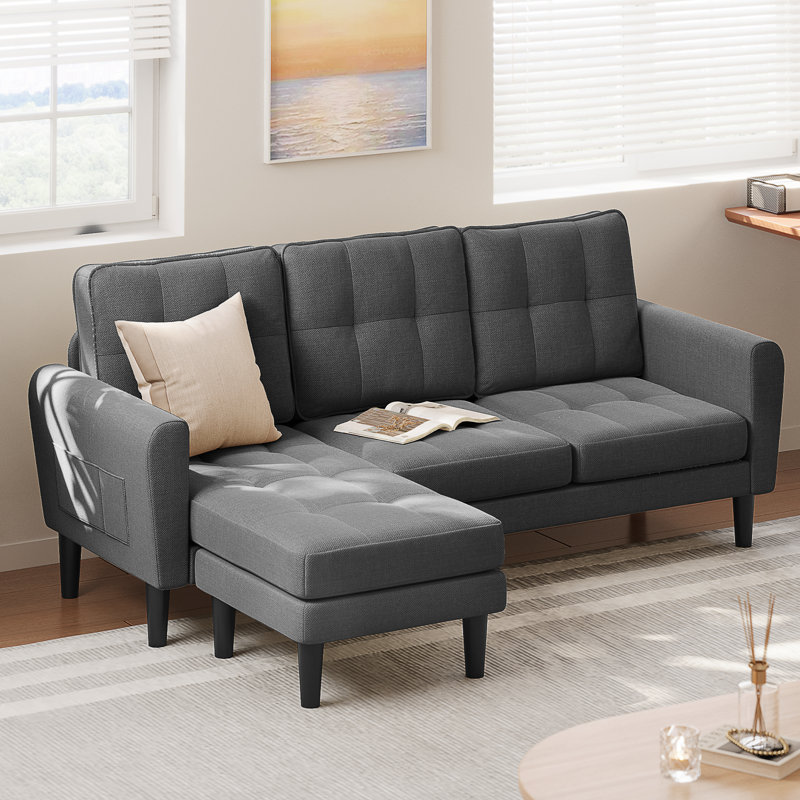 Convertible Sectional Sofa Couch, 3 Seat Couch Sectional L-Shaped Sofa, Black Linen