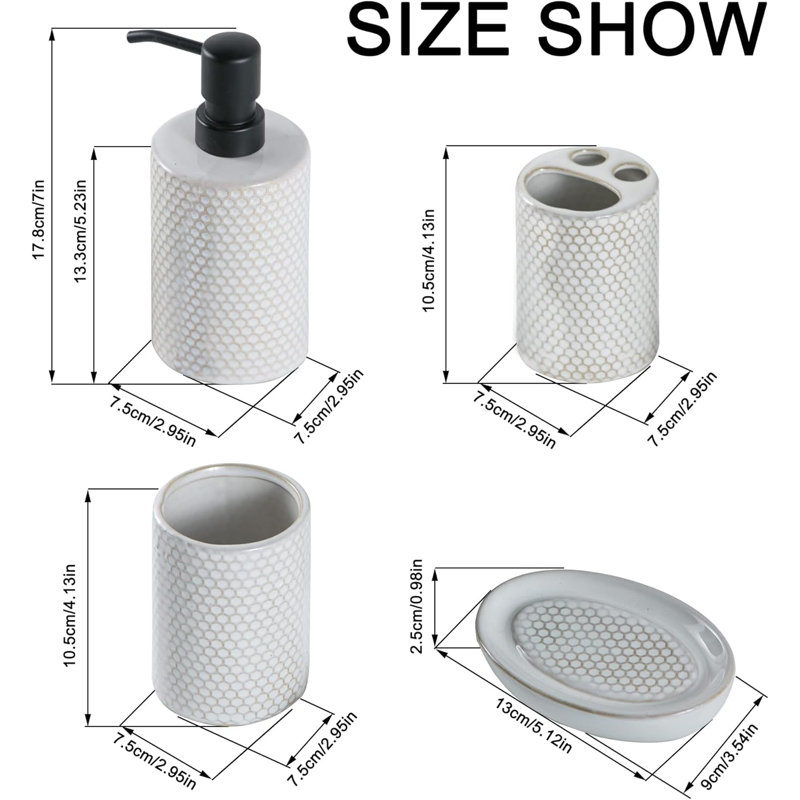 White Honeycomb Pattern Ceramic Bathroom Accessory Set, 4 Pieces