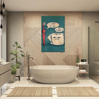 «Hilarious Bathroom Canvas Art»: Brosse à dents imprimée et bande de papier toilette