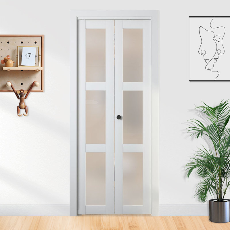 Porte de grange pliante en verre givré pliable 3-Lite avec trousse de quincaillerie d'installation, 30 po x 80 po, Blanc