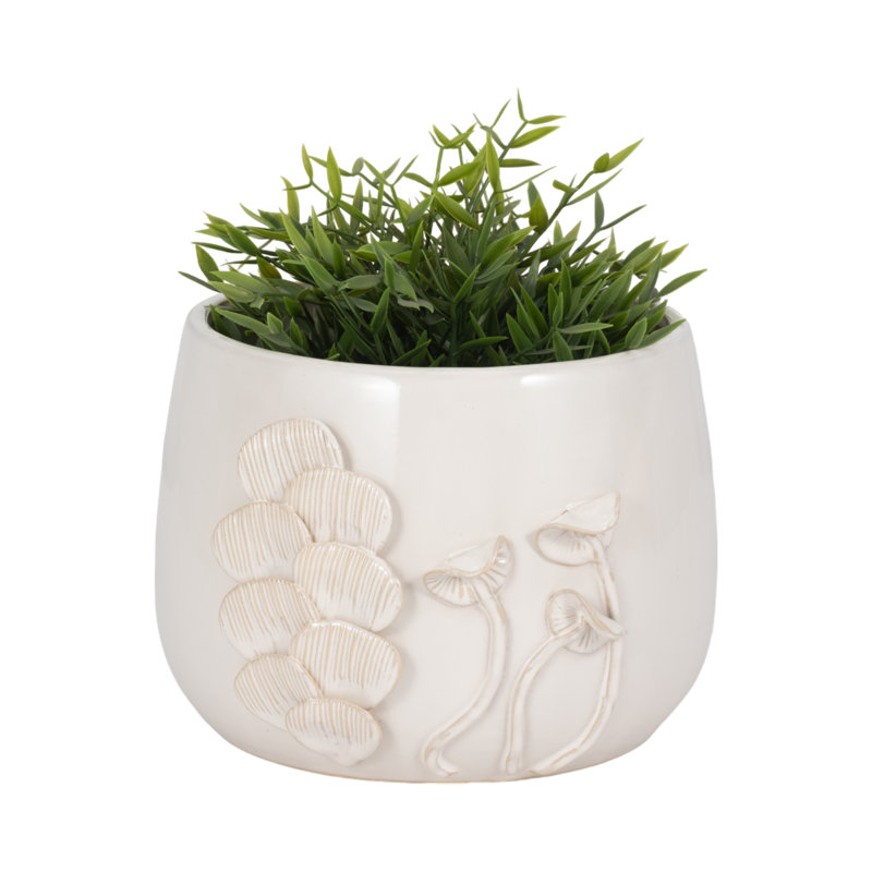 Stoneware Ceramic Planter with Textured Botanical Design., 9" H x 8" W x 7" D