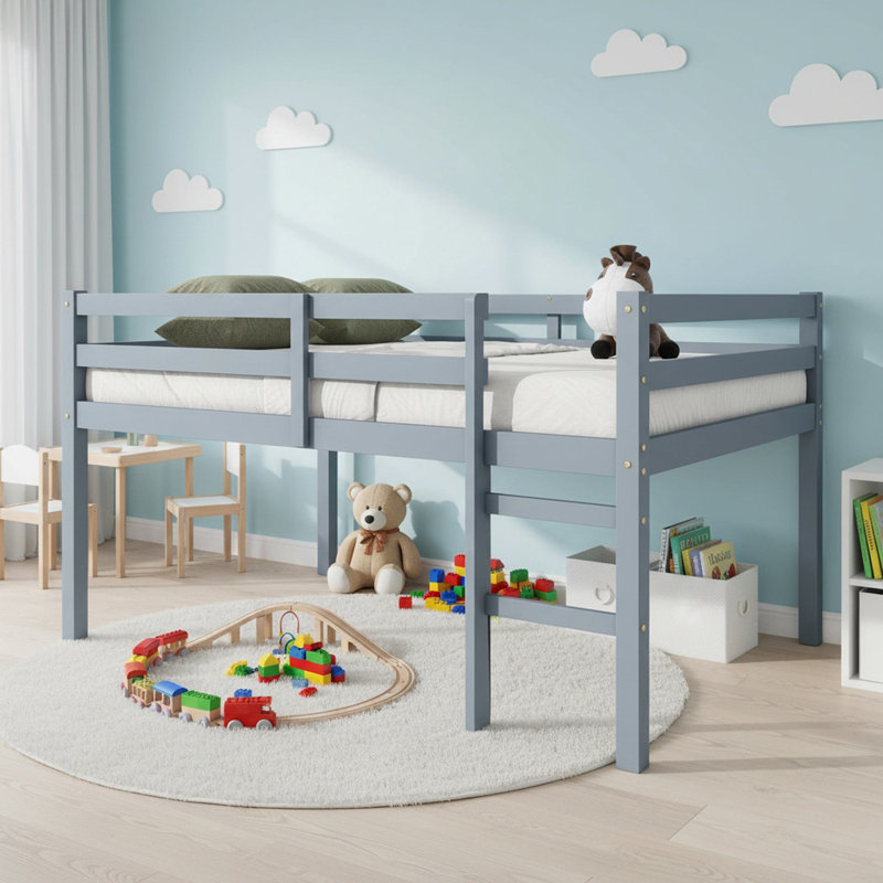 Solid Wood Twin Low Loft Bed with Ladder, Platform Bed with Strengthened Slats for Boys& Girls, Gray, Twin