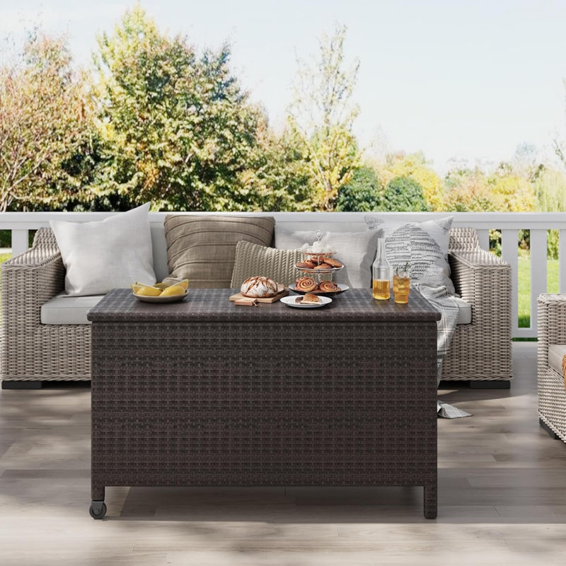Outdoor 150 Gallon Rattan Deck Box With Support Frame And 2 Wheels, Handle Large Waterproof Storage Box, Flip Top Deck Storage Box For Yard, Porch
