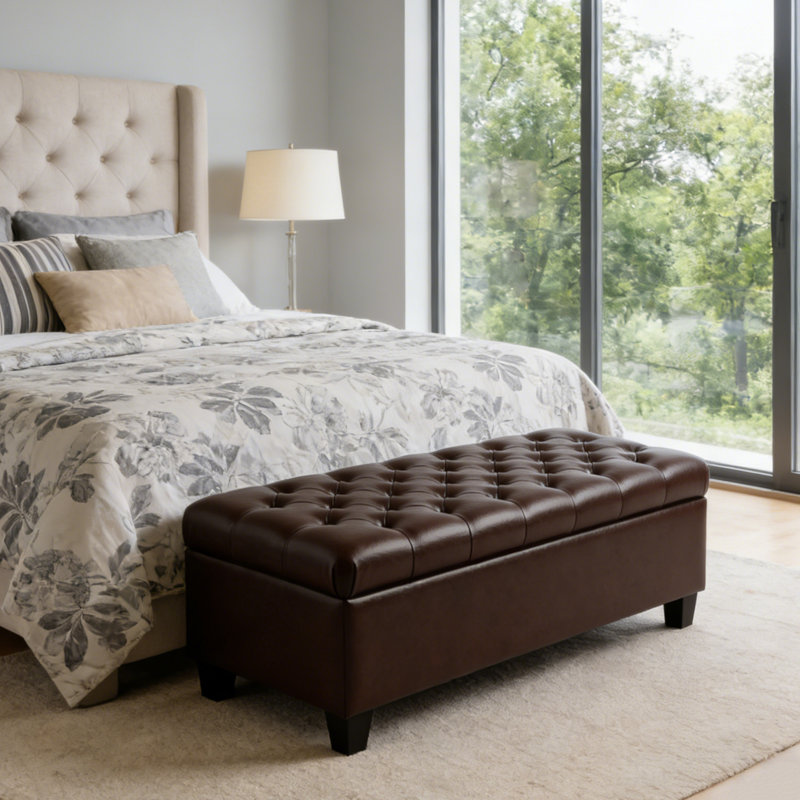 50.25" W Tufted Top Upholstered Storage Bench, Brown Tufted