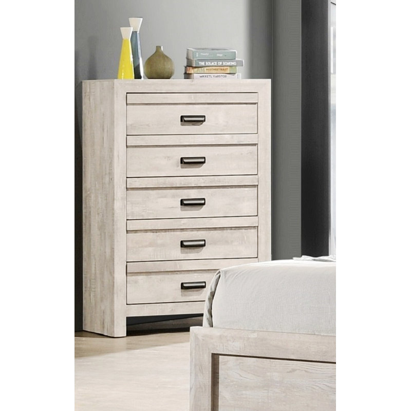 Commode en bois pour chambre à coucher, commode contemporaine avec cinq tiroirs de rangement, Beige gris / blanc