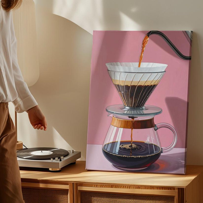 Art mural sur toile, versant sur une tasse de café, art numérique stylisé avec carafe en verre, prêt à accrocher, décoration murale