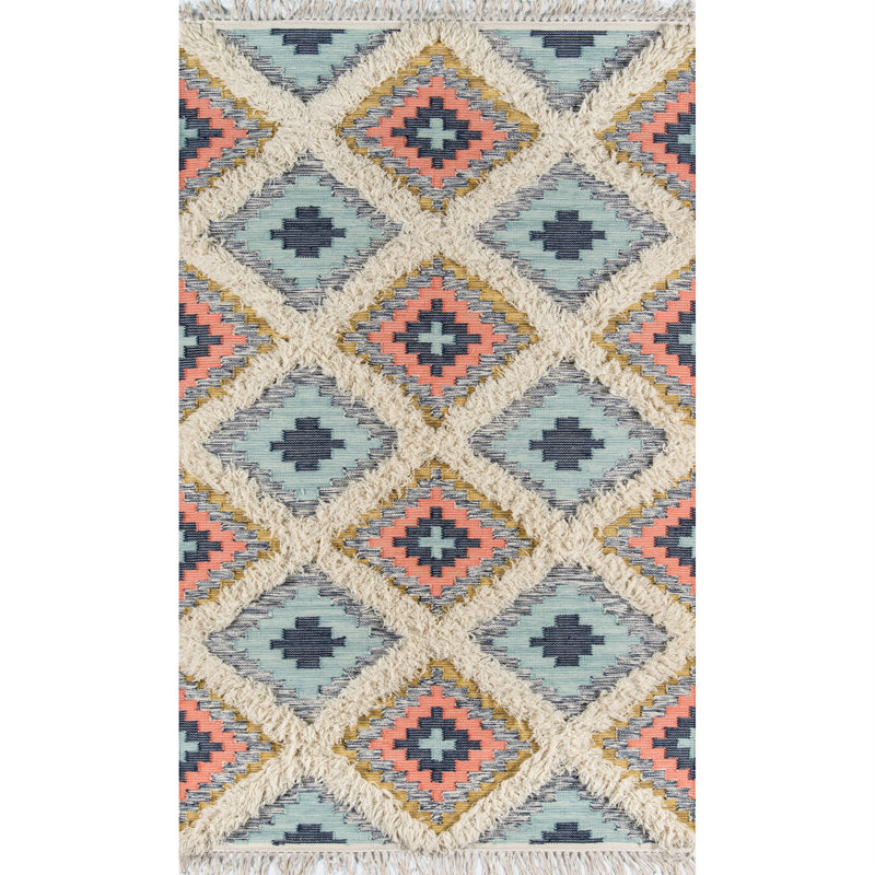 Handmade Blue Geometric Wool 5' x 7' Area Rug