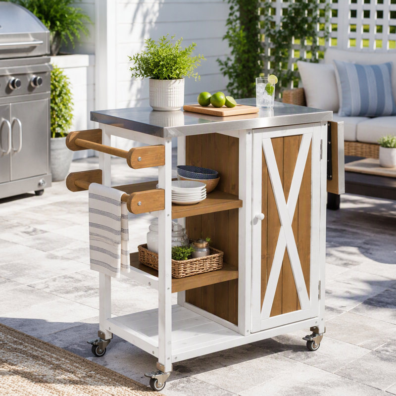 Îlot de cuisine extérieur pliable avec rangement et roues verrouillables, Brun / Blanc