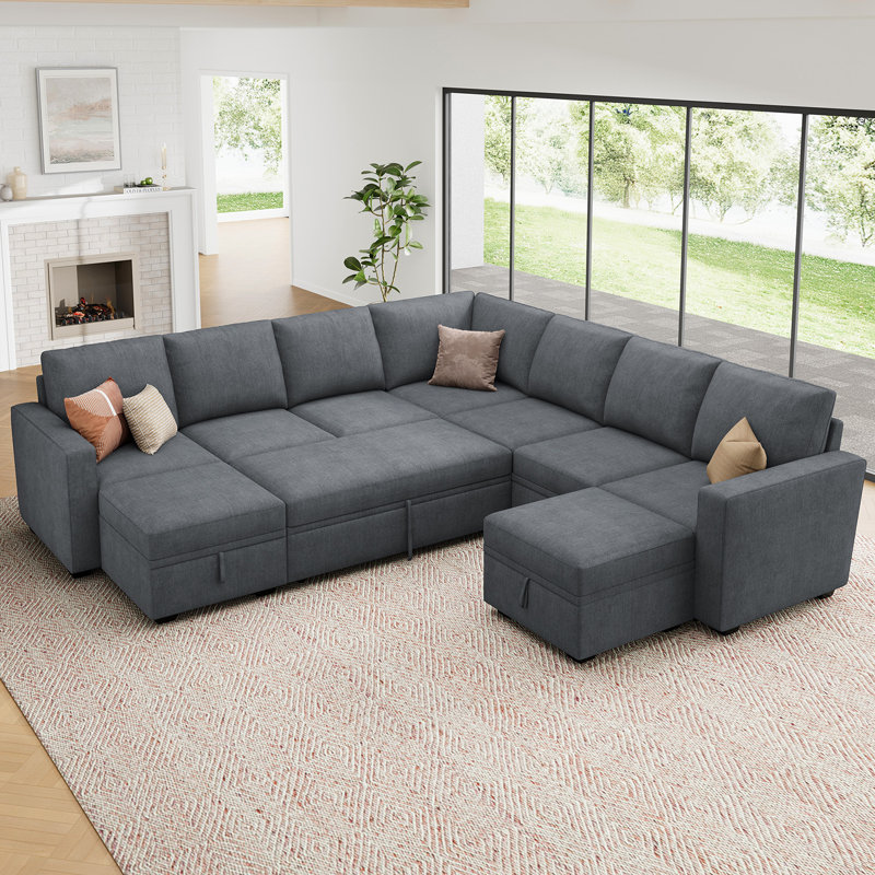 Caren Upholstered Sleeper Sectional Modular Sofa Bed With Ottoman, Bluish Gray Polyester Blend