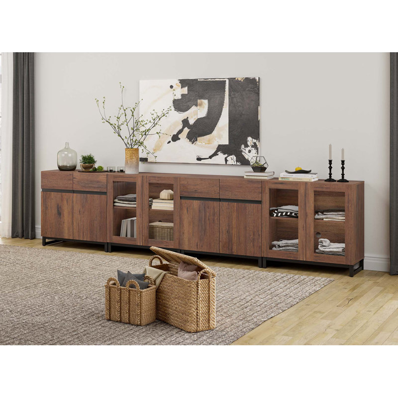 Commode moderne avec tablettes réglables, armoire de rangement 4 en 1 avec portes en verre, Brun