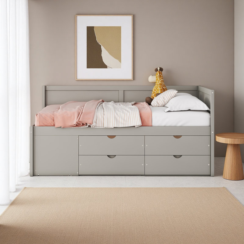 Lit de jour avec tiroirs et tablettes, Gris, Lit double