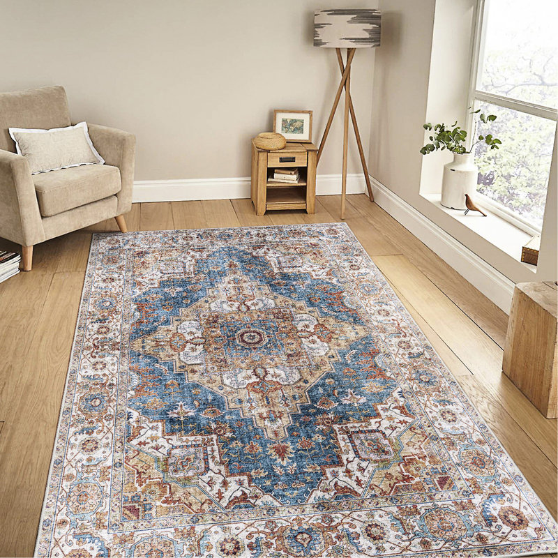 5x7 Area Rug, Vintage Washable Non-slip Rug For Bedroom, Living Room, Guest With Blue/yellow Flower Pattern Floor Kitchen