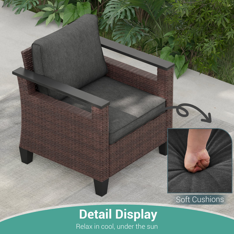 6 Piece Wicker Patio Sofa Set with Ottoman and Square Table, Black Gray