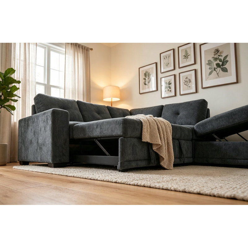 Kathy Reversible Pull-out Sleeper Sectional In Charcoal Chenille, Charcoal Polyester Blend