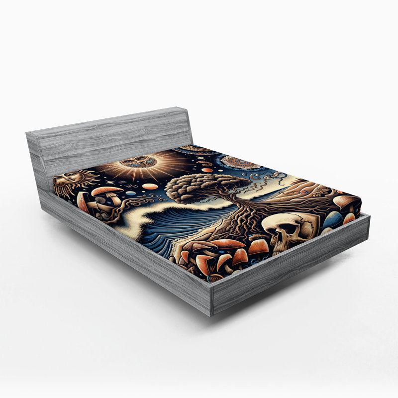 Drap-housse Bohemian Night_ Vagues d'ethnie psychique_ Coquille d'œuf bleue et saumon foncé, Très grand