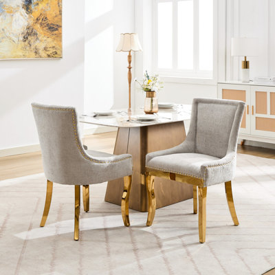 De 2 chaises de salle à manger modernes en chenille beige, design américain, avec siège à ressorts et teinture