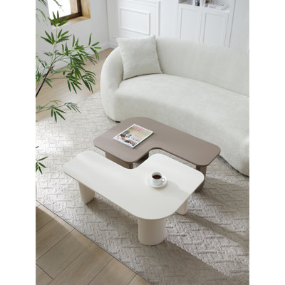 Table basse 2 pièces moderne et modulaire, style avec caractéristiques combinées, côté kaki et blanc pour les tables d'angle multicouches peintes, salon avec pieds incurvés de stabilité améliorée,