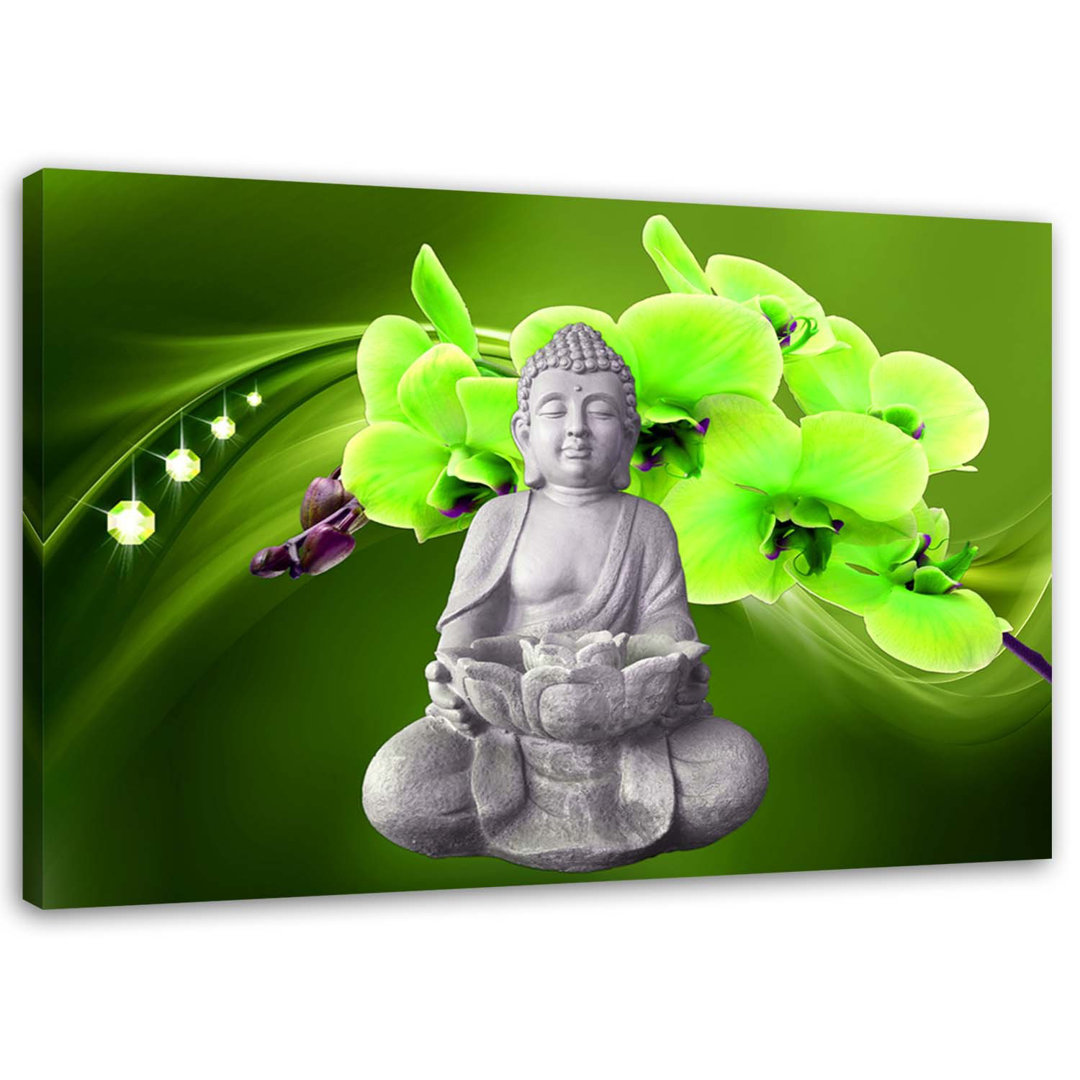 Leinwandbild Buddha mit grüner Orchidee