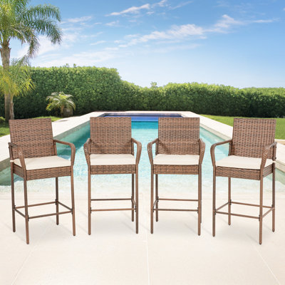 Outdoor Patio Wicker Bar Stools Set Of 4, Pe Wicker Rattan Bar Stools With Removable Cushions, Ergonomic Armrests & Backrest, All-weather Outdoor Bar by EROMMY