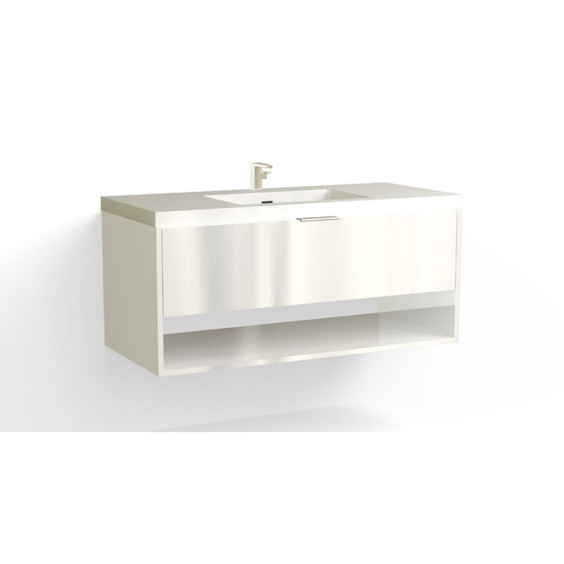 Modo 48" W Wall Mounted Single Bathroom Vanity, Matte White/8" Widespread, White Acrylic, Polished Nickel