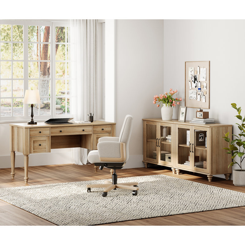 2 Piece Office Set, 56" Executive Desk & Set Of 2 Cabinets With Glass Door, Oak