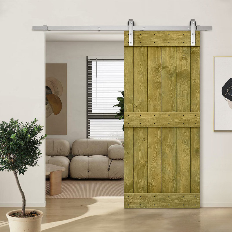 Porte de grange peinte à panneaux en bois et métal avec ensemble de quincaillerie d’installation, 24 po x 84 po, Vert jungle