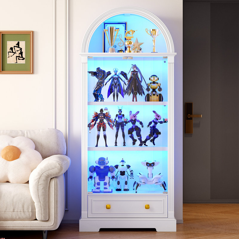 72.8" Tall Arched Display Cabinet With Glass Doors,4-Tier Storage Cabinet with LED Light& Human Body Sensor, White