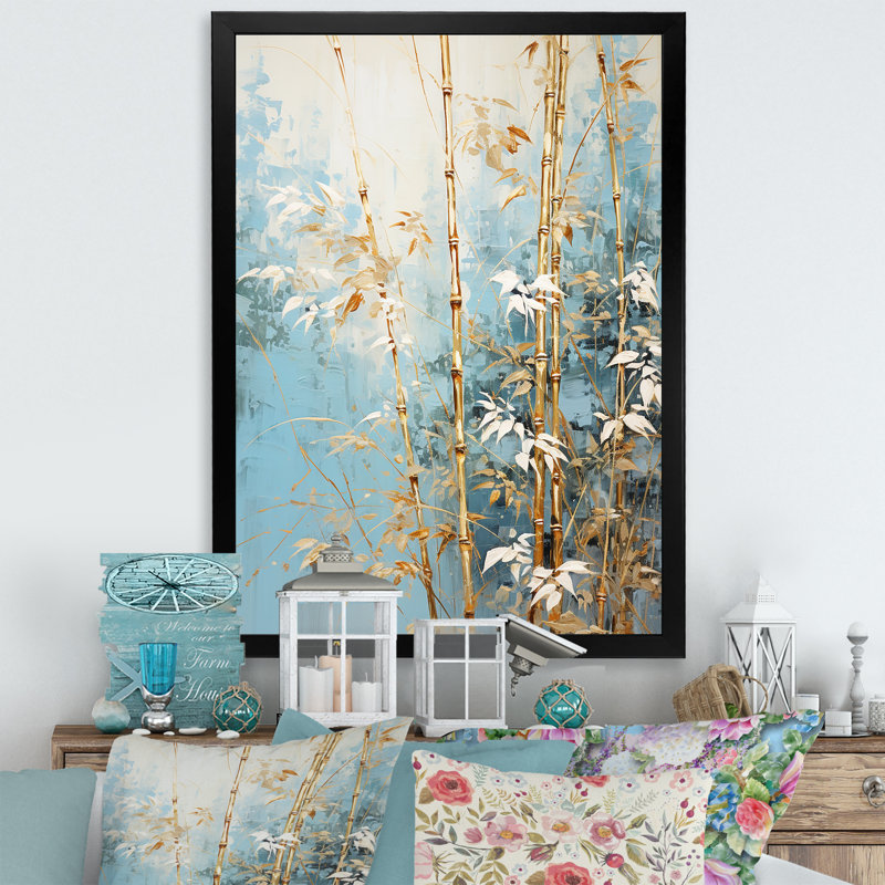Or et bambou bleu I sur impression sur toile, H 32 po x l 24 po x P 1 po, Cadre photo noir