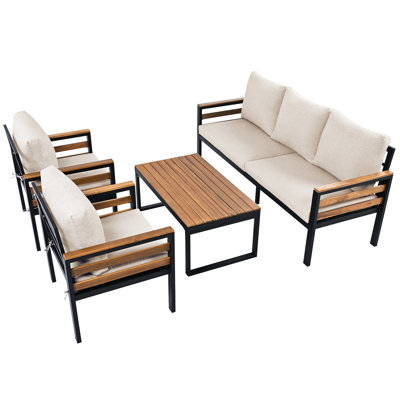 Ensemble de conversation de patio 4 pièces avec accents de bois d'acacia et coussins imperméables