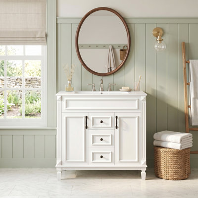 Meuble-lavabo autoportant en bois de pin massif 36 po et panneau de fibres à densité moyenne 36 po, armoire blanche avec 2 portes à fermeture douce et 2 tiroirs, lavabo intégré en céramique blanc brillant, quincaillerie d'armoire complète assortie