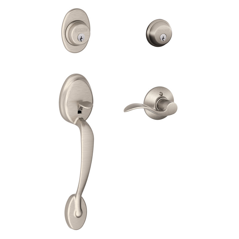 Handleset with Double Cylinder Deadbolt and Door Knob and Rosette, Yes, Satin Nickel, Keyed Different