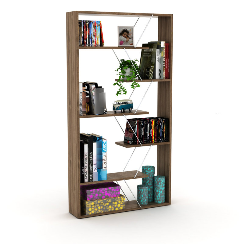Bibliothèque à 6 tablettes en bois de noyer, look industriel chic pour la vie de bureau, Walnut/White