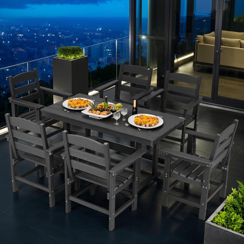 7PC Modern Outdoor Dining Set for 6, Durable HDPE Table and Chairs with Comfortable Ergonomic Design, Black