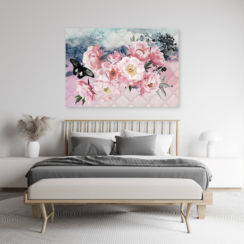 Pink Flowers And Butterfly - No Frame Print on Canvas, 60cm H x 90cm W