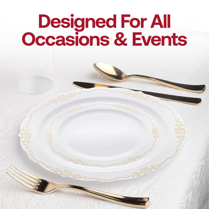 White and Gold Vintage Rim Round Disposable Plastic Salad Plates, 7.5 inches