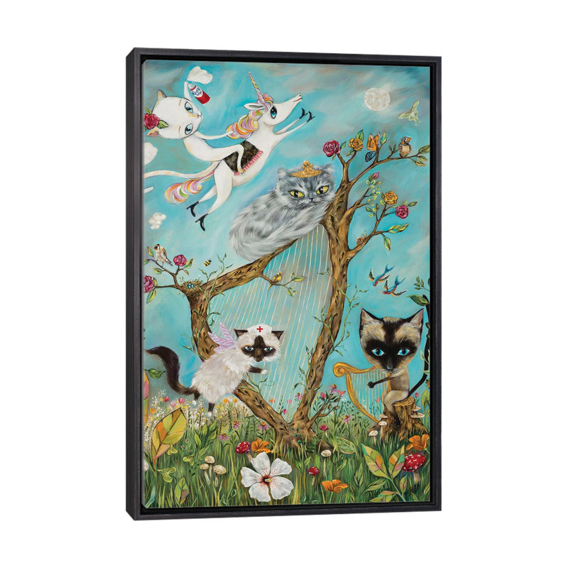 Feline Rhapsody par Heather Renaux - impression d'art graphique, H 60 po x l 40po x P 1,5 po, Toile avec cadre noir patiné