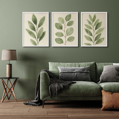 Étude de feuilles vertes botaniques encadrées, ensemble de 3 impressions sur panneau de feuillage d'inspiration rétro pour le salon, la chambre à coucher et la salle à manger