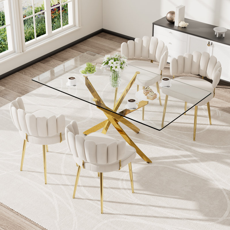 Ensemble de table de salle à manger rectangulaire moderne en verre avec chaises en velours, Beige, 5 pièces: table, 4 chaises