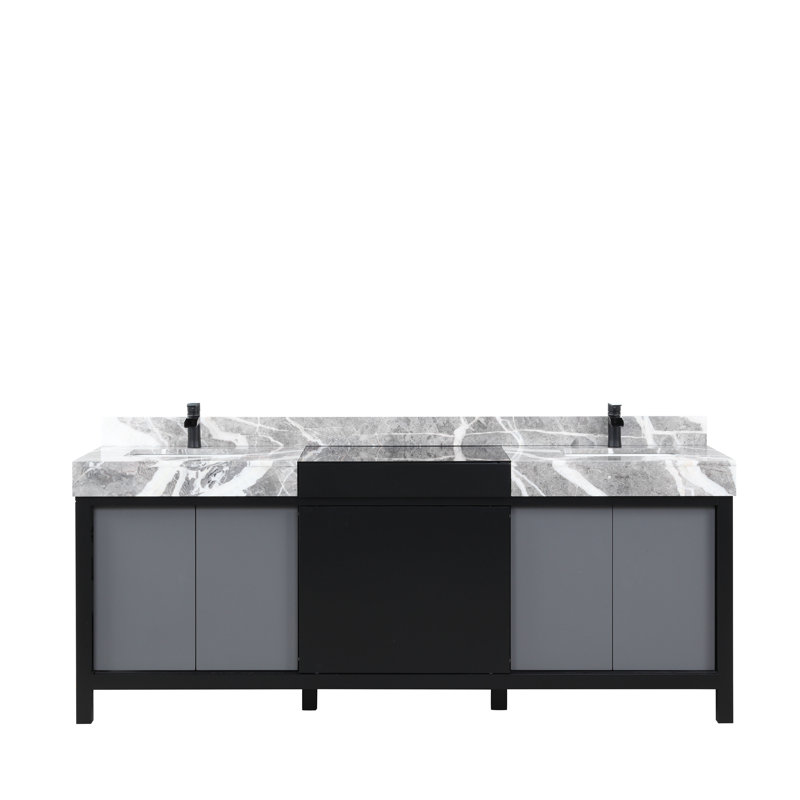 Zilara 84" Double Vanity with Castle Gray Marble Top and Black Faucet