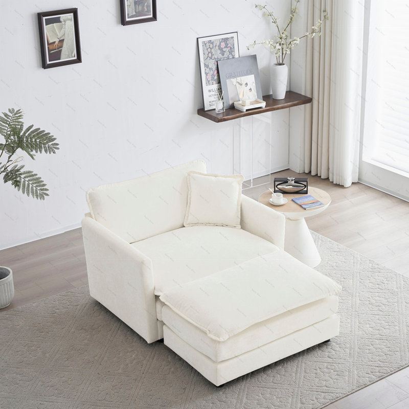 Fauteuil d'appoint moderne avec repose-pieds, Chenille blanche